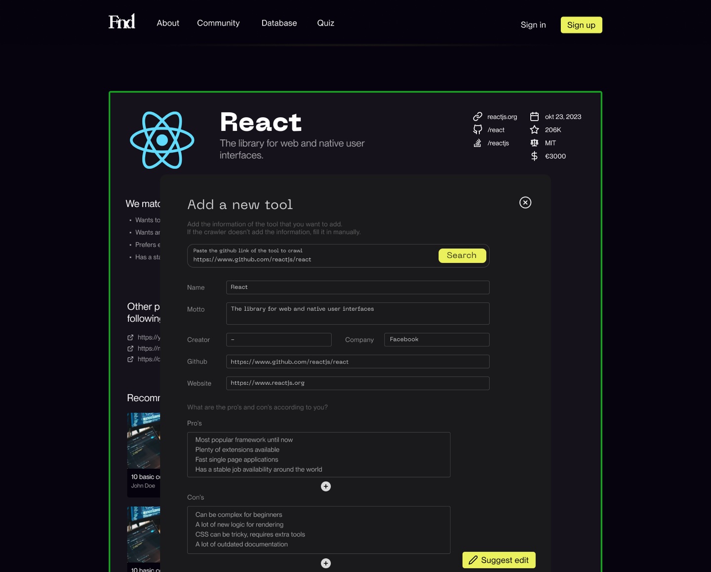 The form to add a new tool, starting from a GitHub link