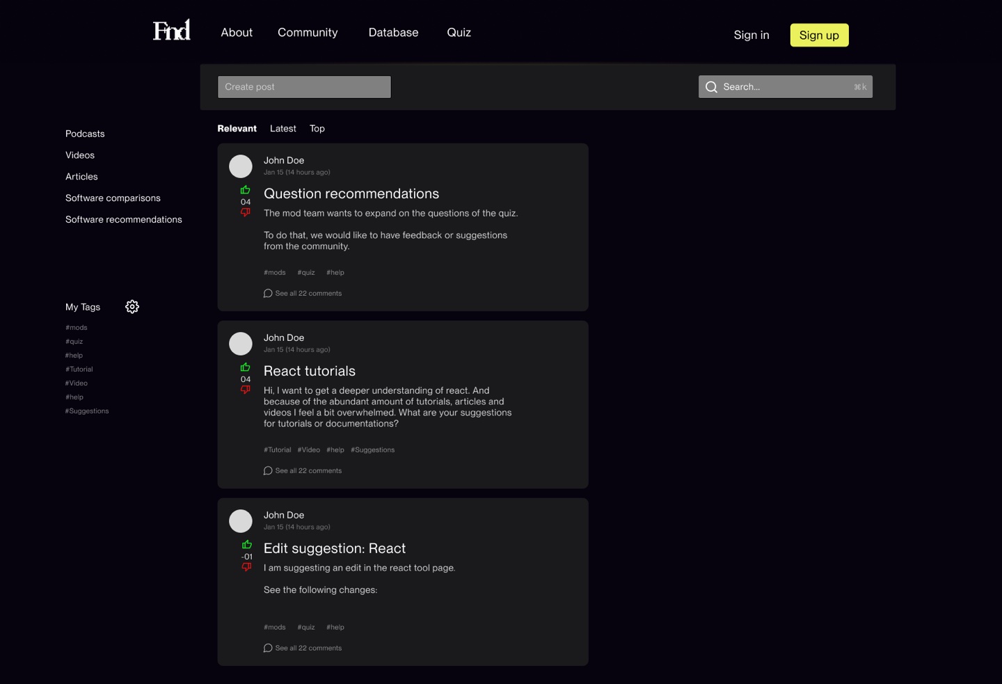 The community page with posts, votes, tags and an edit suggestion