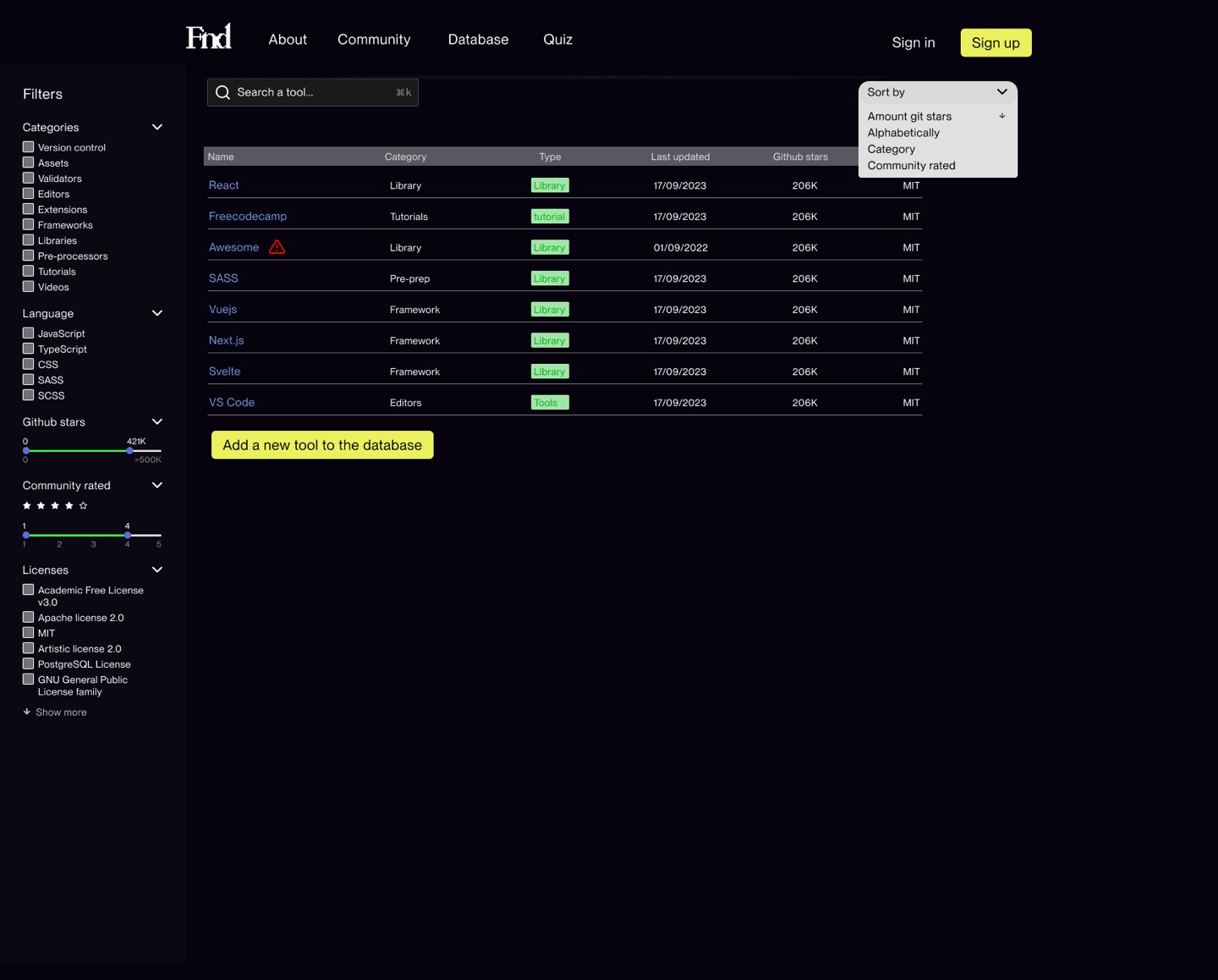 The database of tools, with filters on the left and a warning next to an outdated tool